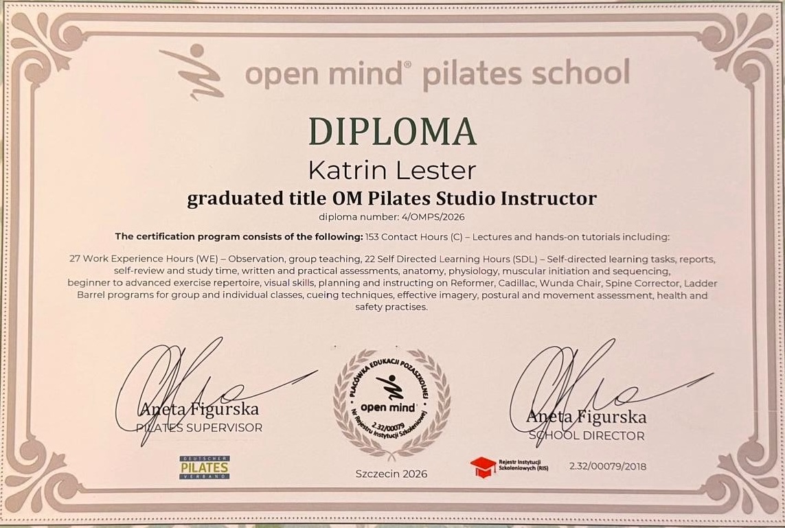 Diplom: Open Mind Pilates Studio Instructor, ausgestellt für Katrin Lester, Szczecin 2026